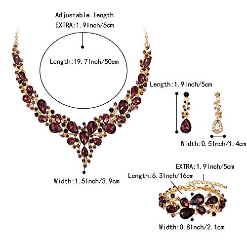 Wedding Bridal Jewelry Set for Women Bride Bridesmaids | Gorgeous Austrian Crystal Teardrop Cluster Statement Necklace Dangle Earrings Link Bracelet Set Prom Jewellery - color: 14-Deep Amethyst Color Gold-Plated-Base