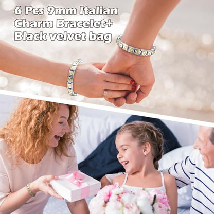 Huquary 6 Pcs Italian Charm Bracelets Shiny 9mm Starter 18 Links Stainless Steel Italian Bracelet Modular Links - color: Gold and Silver