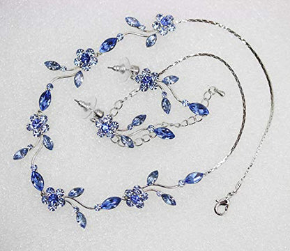 Faship Gorgeous Rhinestone Crystal Floral Necklace Earrings Set - color: Blue