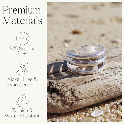 Sterling Silver Toe Ring, Adjustable Open Band, Handmade | Fits Toe, Knuckle or Pinky Ring | One Size Fits Most | Comfortable to Wear | Minimalist Style | Water Resistant - style: Triple Band