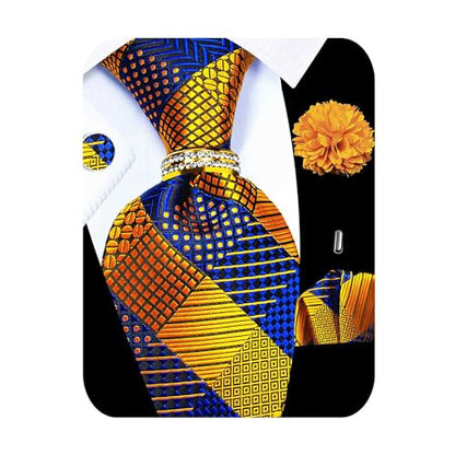 5PCS Mens Silk Tie, Pocket Square, Cufflinks, Drilled Tie Ring and Lapel Pin Set for Wedding Groom Party - color: Gold and Blue Tie Set -70