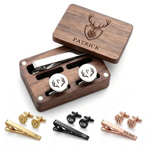 Custom Monogram Cufflinks for Men – Personalized Cuff Links & Tie Clip Set with Engraved Wood Box – Wedding Gifts for Groom, Dad, Groomsmen, Father of the Bride - color: Rose Gold