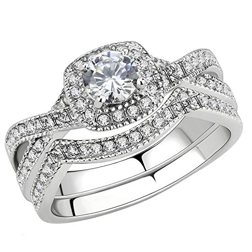 Stainless Steel Rings for Women Infinity Wedding Set Round CZ Cubic Zirconia Halo Engagement Bridal Jewelry Set