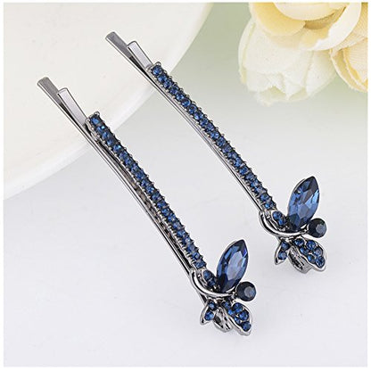 1 Pair Fashion Crystal Rhinestone Bobby Pins Bow Square Love Hair Pins Clips Accessories for Women Girls (Dark Blue Dragonfly)