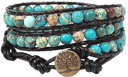 Boho Wrap Bead Bracelet for Women - Handmade Adjustable Natural Stone Beaded Bracelets Yoga Healing Bracelet Bangle Hippie Jewelry - color: Blue Emperor Stone
