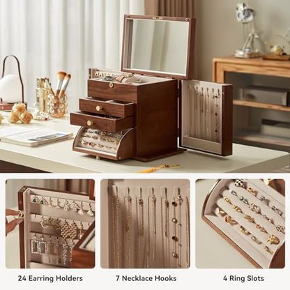 CHOSIN Black Walnut Wooden Jewelry Box for Women with Lock, Mirror, 4 Layer | Locking wity Key, 2 Drawers, Rotating Ring Holder, 2 Side Doors, Large Capacity for Necklaces, Earrings, Rings, Women Gifts - size: 4 Layer - Top & Side Lock