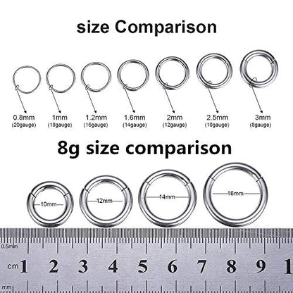 ORANGELOVE Hypoallergenic Nose Rings 20G 18G 16G 14G 12G 10G 8G 316l Surgical Steel Septum Jewelry Hinged Segment Ring Body Piercing Nose Hoop Lip Rings Nose Helix Cartilage Rook Earrings - color: Silver, size: 1pc 8 Gauge 12mm