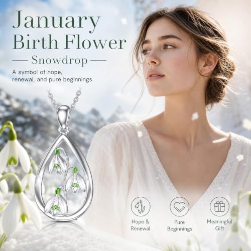 12 Month Birth Flower Necklace for Women 925 Sterling Silver Floral Teardrop Pendant Birthday Jewelry Gifts - color: 01. January Snowdrop