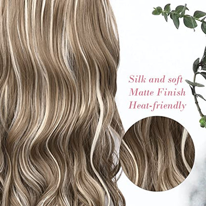 REECHO Clip in hair extensions, 20" Curly Wavy Synthetic HE008 Hairpieces for Women - Ash Brown with Platium Highlights - color: Ash Brown with Platium Highlights, size: 20 Inch (Pack of 1)