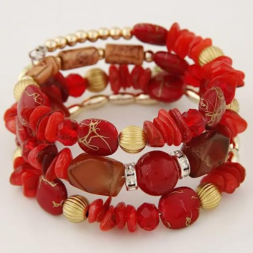 Women Beaded Bracelet Set | Colorful Boho Stackable Trendy Design with Crystal Accents Multilayer Bangle Bracelet | Fashion Stretch Braclets Jewelry for Women - color: Red.