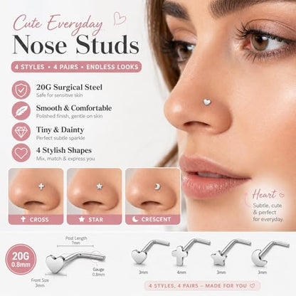 20G Nose Rings for Women, L Shaped Nostril Piercing Studs | 316L Stainless Steel, 0.8 mm×7 mm, 2 mm CZ or 3-4 mm Heart, Star, Moon and Cross, Gold-Tone or Silver-tone, Daily Wear - style: Silver Style B