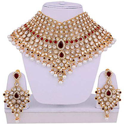Aheli Bollywood Style Indian Bridal Choker Necklace Matha Patti Nose Ring Haath Phool Wedding Fashion Bharatanatyam jewellery set for Women - color: Maroon