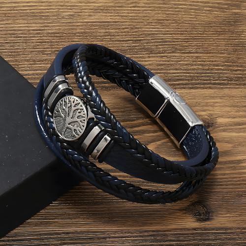 Tree of Life Leather Bracelet for Men, Multi-Layer Braided Religious Mens Cuff Bracelets with Alloy Clasp Anniversary Father's Day Birthday Christmas Jewelry Gifts for Him - color: Navy Blue