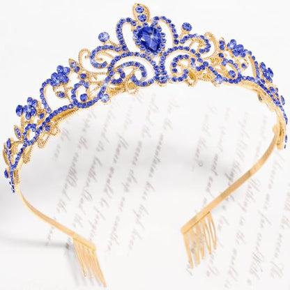 TAROSE Tiaras for Women, Birthday Crown and Sash for Girls | Birthday Sash Sunglasses Outfit, Birthday Gift for Women Girls, Goddess Crown Bride/Halloween/Prom/Party/Costume - color: 1 F. Gold+royal Blue