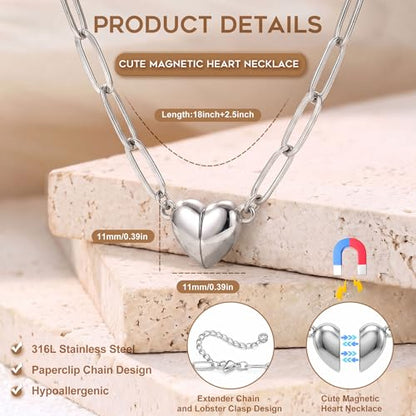 Magnetic Heart Necklaces for Women : 14K Gold Plated 316L Surgical Stainless Steel Heart Necklace Dainty Adjustable Paperclip Chain Pendant Necklace Jewelry Gifts Trendy Non Tarnish - color: Silver