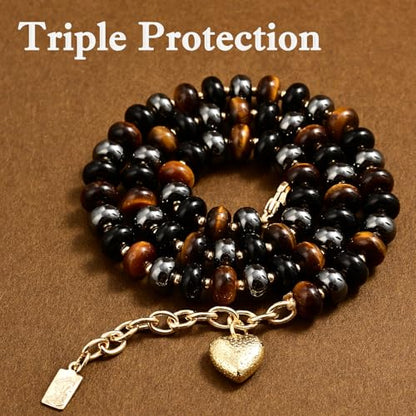 Boho Gemstone Beaded Necklace for Women – Colorful Natural Stone Choker 18K Solid Heart-Shaped Pendant, Summer Beach Jewelry - color: Triple Protection