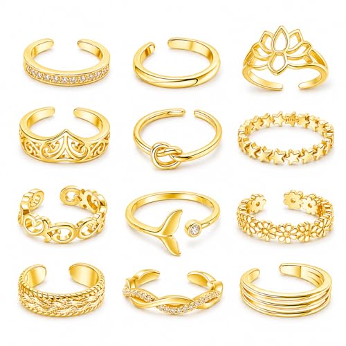 12PCS Toe Rings for Women 14K Gold/Silver Plated Adjustable Toe Ring Set Open Heart Arrow Infinity Rings Beach Foot Jewelry for Summer - color: Gold3