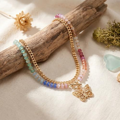 Colorful Acrylic Beaded Necklace For Women, Boho Double Layer Rainbow Beads Thick Cuban Chain Chunky Heart Pendant Statement Choker Summer Beach Jewelry Gift - color: Colorful Gold Hollow Butterfly