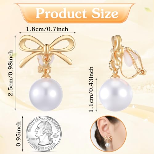 Lusofie Gold Pearl Clip On Earrings for Women Bow Pearl Drop Clip Earrings | Lightweight Non Pierced Hoop Ear Clips for Wedding Bridal