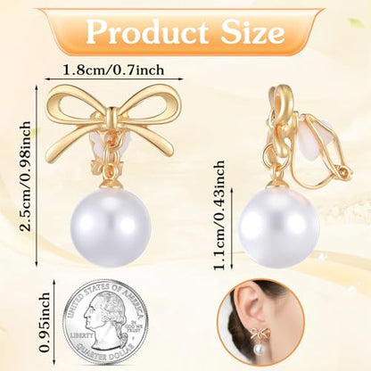 Lusofie Gold Pearl Clip On Earrings for Women Bow Pearl Drop Clip Earrings | Lightweight Non Pierced Hoop Ear Clips for Wedding Bridal