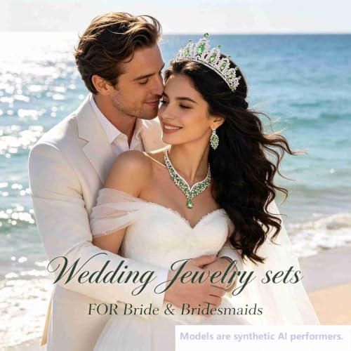 Kamirola Bridal Wedding Tiara Crown Jewelry Set for Women/Brides/Bridesmaids Crystal Jewelry Set for Wedding Prom Party Bridal Crystal Necklace Earrings Bracelet Set(TR60) - color: Silver Light Green