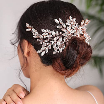 Wedding Rose Gold Hair Comb with Rhinestone Crystal Flower for Bridal Headpieces, Handmade Accessories for Women and Girls (ROSE GOLD) - color: ROSE GOLD