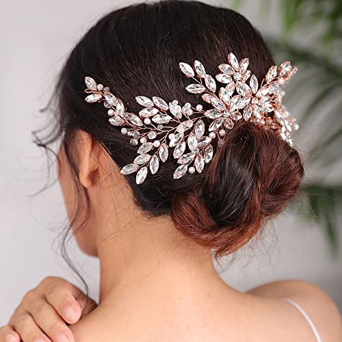Wedding Rose Gold Hair Comb with Rhinestone Crystal Flower for Bridal Headpieces, Handmade Accessories for Women and Girls (ROSE GOLD) - color: ROSE GOLD