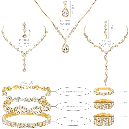 NEWITIN 15 Pieces Gold Jewelry Set for Women Wedding Costume Accessories | Hypoallergenic, Cubic Zirconia, CZ Necklaces Earrings Bracelets Ring, Crystal Jewelry for Wedding Bride Bridesmaid Party Prom - color: Beauty