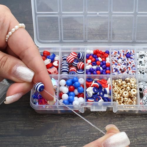 The Beadsmith USA Bead Mix Assortment – Red White and Blue Beads with American Flags & Soccer Balls, Includes 5.4 yd (16.1 ft) Stretch Cord in 0.8 mm Dia, 250 Anniversary USA Merchandise Beads