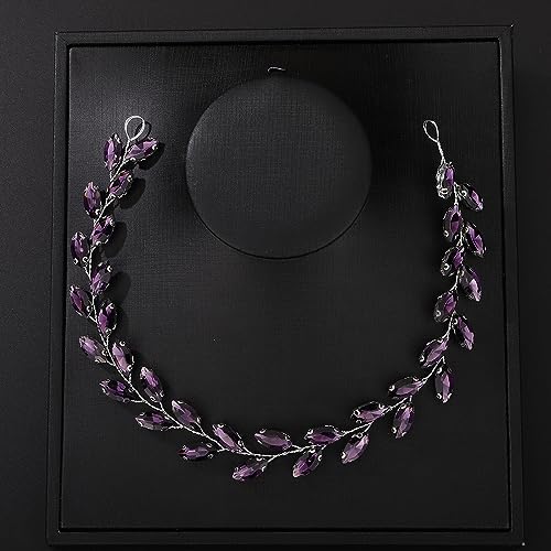 Teyglen Bride Wedding Crystal Hair Vine Full Purple Crystal Headband Bridal Hair Accessories Wedding Headpiece Handmade Rhinestone Hair Piece Headband for Women Girls (Purple) - color: Purple