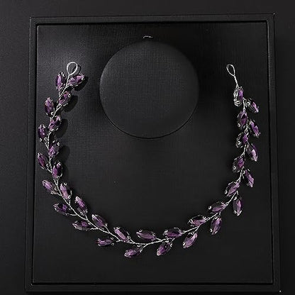 Teyglen Bride Wedding Crystal Hair Vine Full Purple Crystal Headband Bridal Hair Accessories Wedding Headpiece Handmade Rhinestone Hair Piece Headband for Women Girls (Purple) - color: Purple
