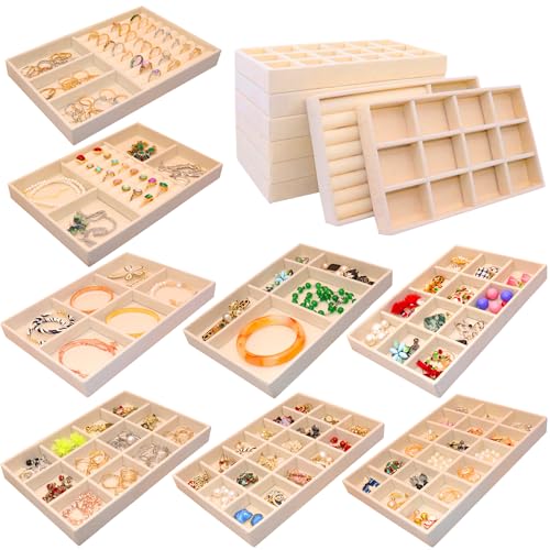 Set of 8 Velvet Jewelry Trays X-Large Stackable Jewelryy Organizer Drawer Insert Divided Jewellry Storage Holder, Earring Ring Brooch Necklace Bracelet Watch Display Tray - color: BEIGE, size: X-Large