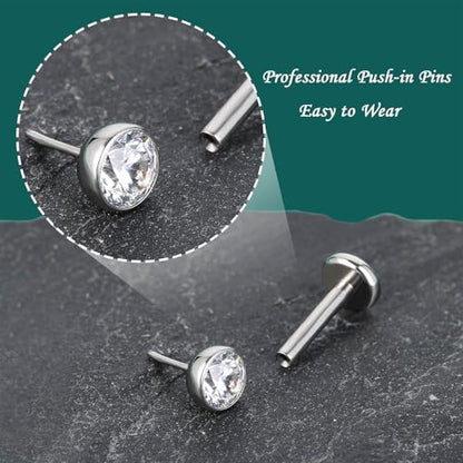 Gotumo 16G 18G 20G Flat Back Earrings Stud Titanium Threadless Nose Rings Tragus Labret Cartilage Lip Medusa Conch Body Piercing Jewelry Hypoallergenic for Women Men - color: Silver, size: 16G Bar Lengths 8mm & CZ 2mm