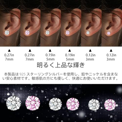 6 Pairs 925 Sterling Silver Stud Earrings Pack for Women White and Pink Cubic Zirconia Diamond Tragus Cartilage Earring Hypoallergenic Jewelry