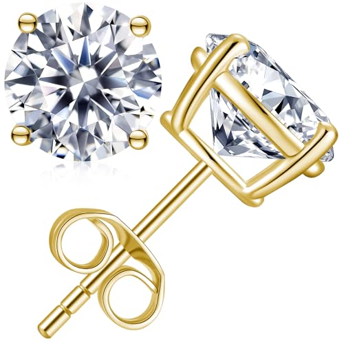 Moissanite Stud Earrings Hypoallergenic 925 Sterling Silver stud Earrings for Women Round Cut D Color VVS1 18K White Gold Plated Lab Created Moissanite Earrings for Women Men 0.3ct-2ct - color: Yellow Gold-Push Back, size: 4 Carat-(2ct*2)-8mm