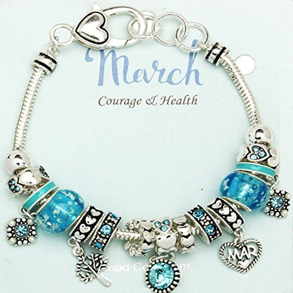 Falari Birthstone Bracelet Multi-Color Charm Beads Silvertone Birthday Gifts for Women - color: 03-March