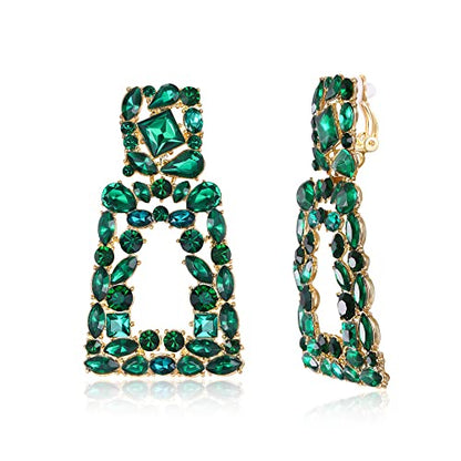 Flyonce Rectangle Clip-on Drop Earrings for Women, Sparkly Rhinestone Crystal Geometric Statement Non Pierced Earring Wedding Prom Party Jewelry for Brides Bridesmaid - color: Green Gold-Tone