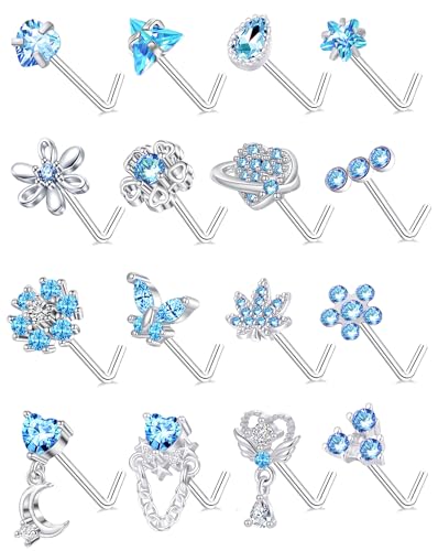 Tornito 16Pcs Nose Rings L Shaped Nose Stud Stainless Steel Butterfly Flower Leaf Heart Moon Dangle Nose Stud Ring Body Piercing Jewelry for Women Men 20G Pink Blue Clear CZ - color: C: Blue