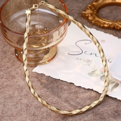 Chunky Gold Collar Choker Statement Necklace for Women Trendy | Gold Plated Layered Twist Flat Thick Snake Herringbone Chain African Torque Necklace Prom Boho Necklaces Party Jewelry Gift - style: Twist Link Chain/Gold