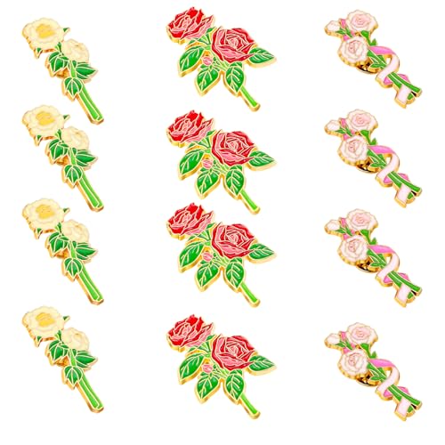 12 Pcs Red Rose Flower Enamel Lapel Pin, 1.5 inch Metal Badge Brooch for Women Men Clothes Bags Hats - style: Red Rose+Carnation+Lily