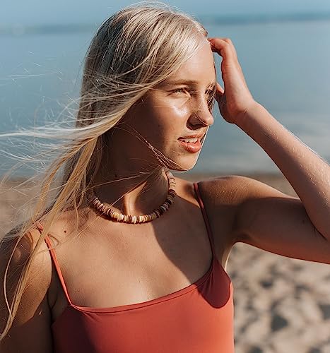 Aobei Pearl Gemstone Beaded Choker Necklace for Women Boho Turquoise/Cultured Freshwater Pearls/Garnet/Amazonite Jewelry - color: L Brown Shell Beads