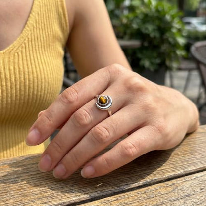 Sun and Moon Ring, Adjustable Natural Stone Rings for Women & Men, Boho Celestial Jewelry for Daily Wear - color: Tiger's Eye