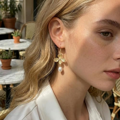 BELLA-Bee Gold Plated Flower Drop Earrings for Women, Dangle Earrings with Pearl, Hypoallergenic Gold Earrings for Sensitive Ears, Elegant Jewelry Gifts - color: 14K Gold plated Flower-1