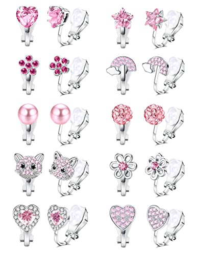 FASACCO 8-10Pairs Clip on Earrings for Women Girls Colorful Crystal Non-Piercied Earrings Cute Flower Heart Butterfly Pearl Clip-on Earrings Over 3 Years Old - style: 10Pairs Pink