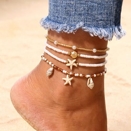 Gold Shell Ankle Bracelets for Women Adjustable Boho Beach Jewelry Set With Starfish Conch Pearl Bead Summer Vacation Foot Accessories Gifts for Travel - color: Gold-B