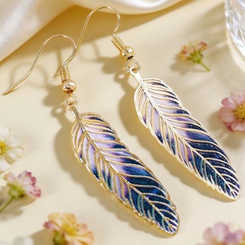 Bohemian Colorful Feather Drop Earrings for Women,Fashion Gradient Leaf Danging Earring Lightweight Hook Shaped Statement Jewelry - color: color C
