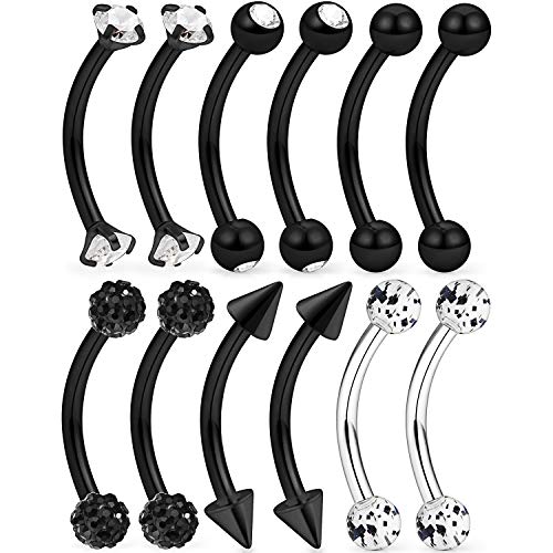 6-12 Pcs 16G Stainless Steel Eyebrow Piercing Rings Clear CZ Curved Barbell Helix Daith Piercing Body Jewelry for Women Men - style: 12pcs black