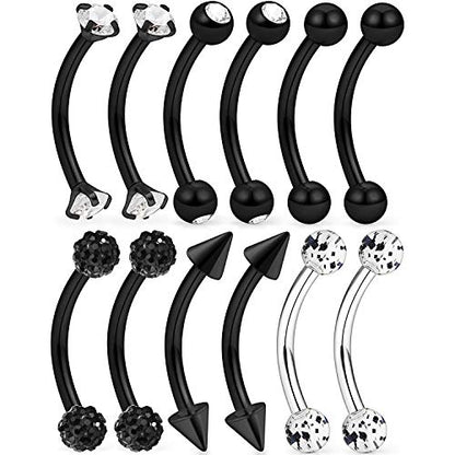 6-12 Pcs 16G Stainless Steel Eyebrow Piercing Rings Clear CZ Curved Barbell Helix Daith Piercing Body Jewelry for Women Men - style: 12pcs black
