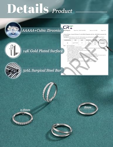 Dochais 4PCS 18G Nose Rings Hoops, Surgical Steel Earrings Tragus Septum Piercing CZ Clicker Ring, Hinged Segment Conch Lip Cartilage Double Hoops 8mm 10mm for Women Men - color: Silver, size: 20G(0.8mm),8mm