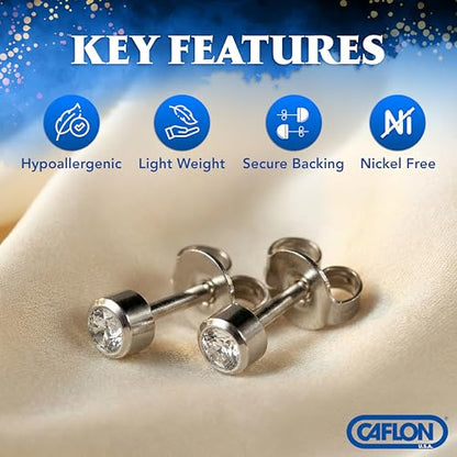 CAFLON Titanium Bezel Stud Earrings | Size 3mm / 4mm | Nickel Free Hypoallergenic Ear Jewelry | April Birthstone Clear Crystal | Secure Back Piercing Stud - size: 4 MM